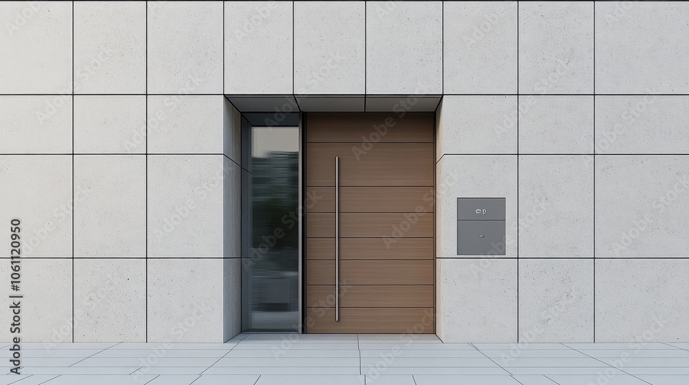 Minimalist Modern Residential Entrance with Wooden Door and Glass Panel Minimalist Modern Residential Entrance with Wooden Door and Glass Panel