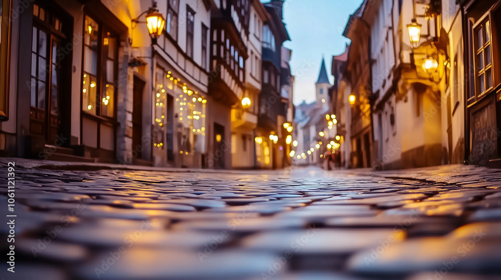 Obraz premium The quiet cobblestone street features historic architecture illuminated by warm lantern light at dusk