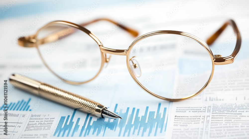 Glasses and a pen sit on detailed financial reports with insightful data and vivid charts, capturing analysis