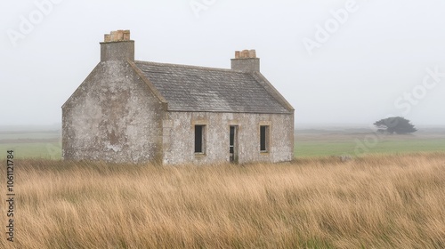 Weathered Cottage in Misty Rural Landscape