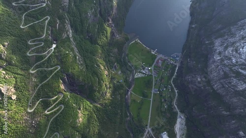 Lysefjord, Norway, the most Picturesque Fjord. Aerial Drone Shot showcasing towering cliffs and serene waters. Lysebotn.