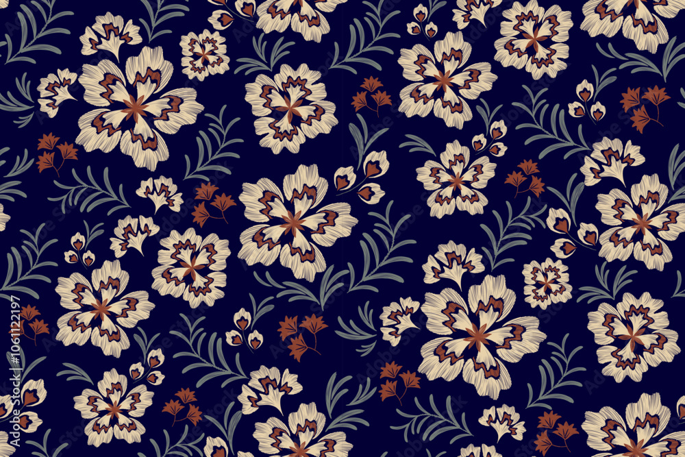 Fototapeta premium Bohemian Pattern Floral design style seamless hand drawn vintage flowers motif wallpaper orange dark blue colourful background border vector illustration.