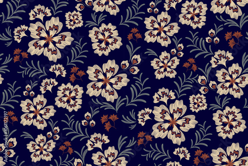 Bohemian Pattern Floral design style seamless hand drawn vintage flowers motif wallpaper orange dark blue colourful background border vector illustration. 