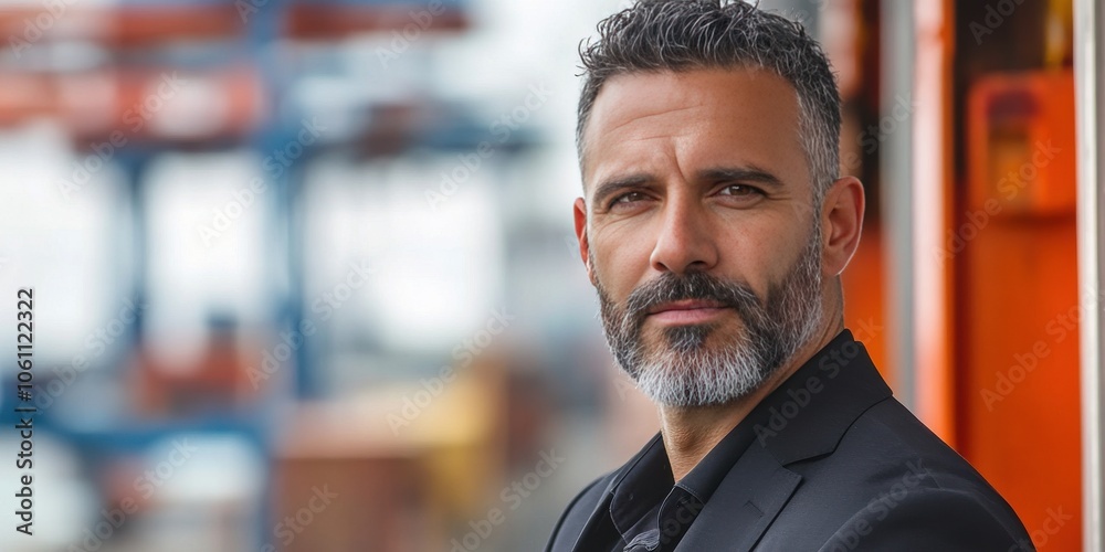 Obraz premium Confident Businessman in Urban Setting with Industrial Background