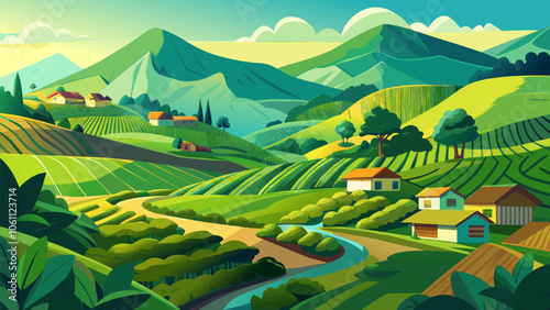 Lush green hills with winding river and charming cottages under a bright sky in a serene countryside setting during the day