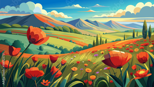 Vibrant landscape of rolling hills filled with colorful wildflowers under a bright blue sky with clouds at sunset