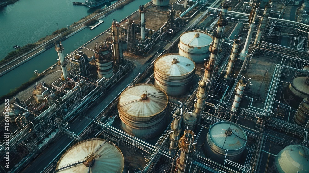 Aerial overhead view of a sprawling industrial petrochemical refinery complex with numerous large storage tanks pipelines and other industrial equipment and machinery Aerial overhead view of a sprawling industrial petrochemical refinery complex with numerous large storage tanks pipelines and other industrial equipment and machinery