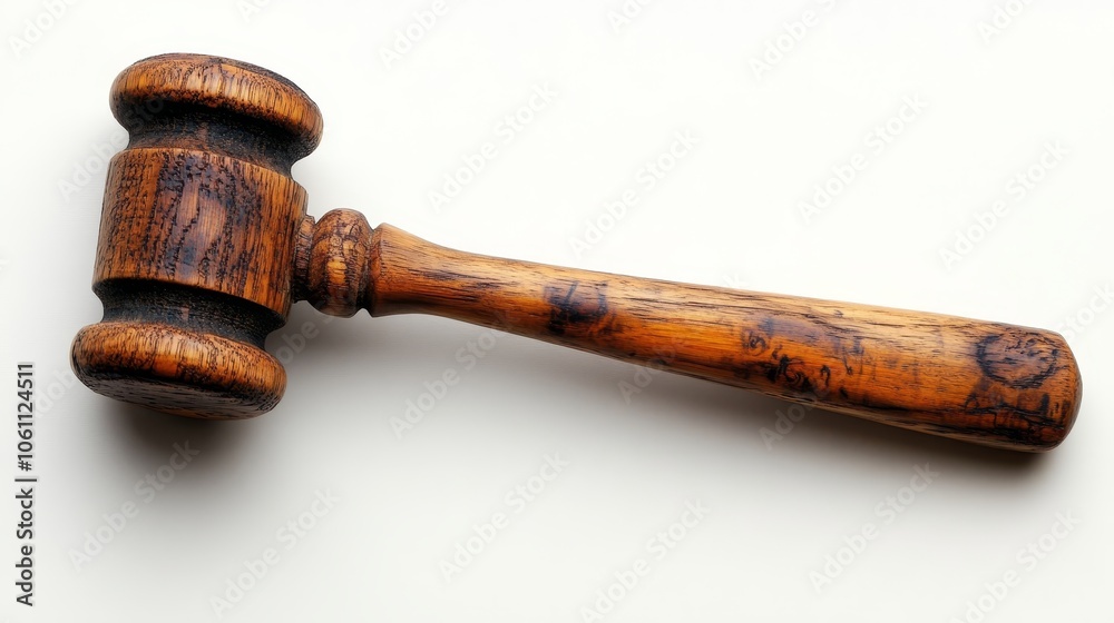 A wooden judge's gavel on a white background symbolizes authority, justice, and law A wooden judge's gavel on a white background symbolizes authority, justice, and law