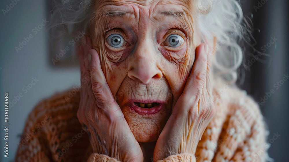 Elderly woman in close-up, showing a look of shock and surprise, her hands pressed against her cheeks, eyes wide open. The photo highlights the detailed texture of her skin and expressive emotion. Elderly woman in close-up, showing a look of shock and surprise, her hands pressed against her cheeks, eyes wide open. The photo highlights the detailed texture of her skin and expressive emotion.