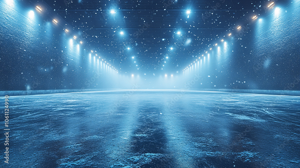A serene, empty ice rink under gentle snowfall, ideal for winter events, skating competitions, or holiday-themed graphics. Photorealistic with tranquil blue tones. A serene, empty ice rink under gentle snowfall, ideal for winter events, skating competitions, or holiday-themed graphics. Photorealistic with tranquil blue tones.