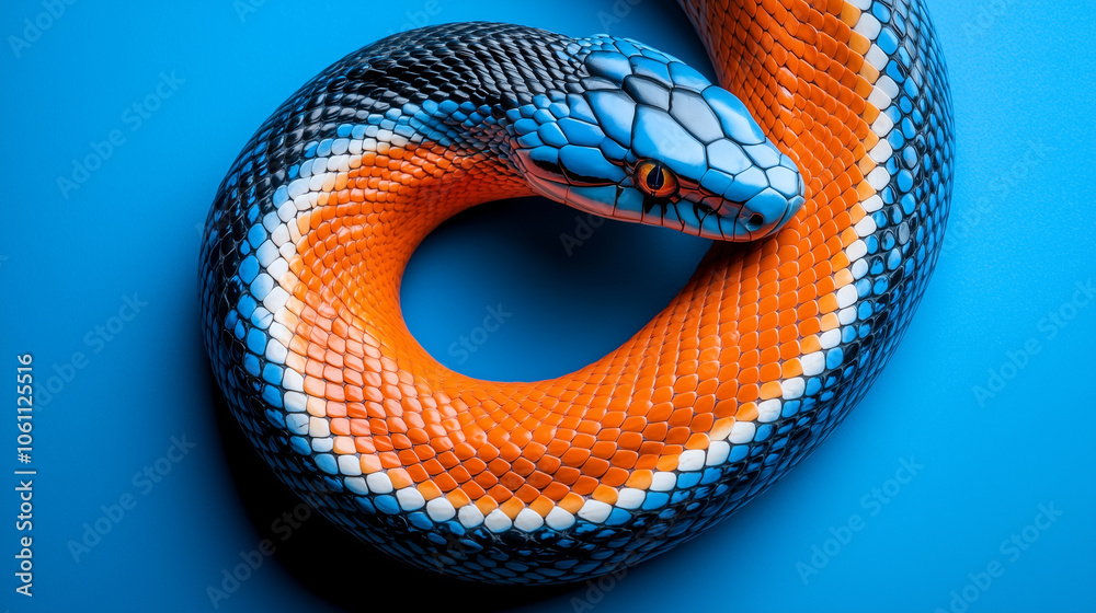 Fototapeta premium Close-up of colorful blue and orange snake on a vibrant blue backdrop