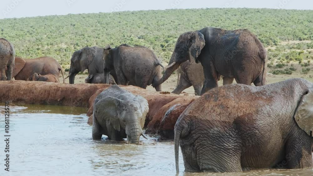 A young baby elephant bathes in a pond and plays by splashing water with his trunk. Large group of elephants at watering hole on hot sunny day in the savannahs of Addo National park in South Africa A young baby elephant bathes in a pond and plays by splashing water with his trunk. Large group of elephants at watering hole on hot sunny day in the savannahs of Addo National park in South Africa