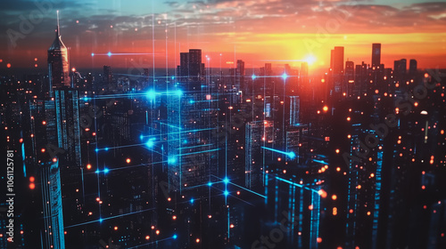 Smart digital city with connection cyber security network reciprocity over the cityscape . future smart wireless digital city and social media networking systems that connects people within the city