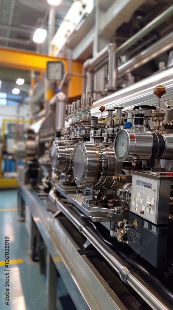 Industrial machinery and engineering equipment such as turbines compressors valves and pipes in a factory workshop setting Concept of manufacturing production and power technology Industrial machinery and engineering equipment such as turbines compressors valves and pipes in a factory workshop setting Concept of manufacturing production and power technology