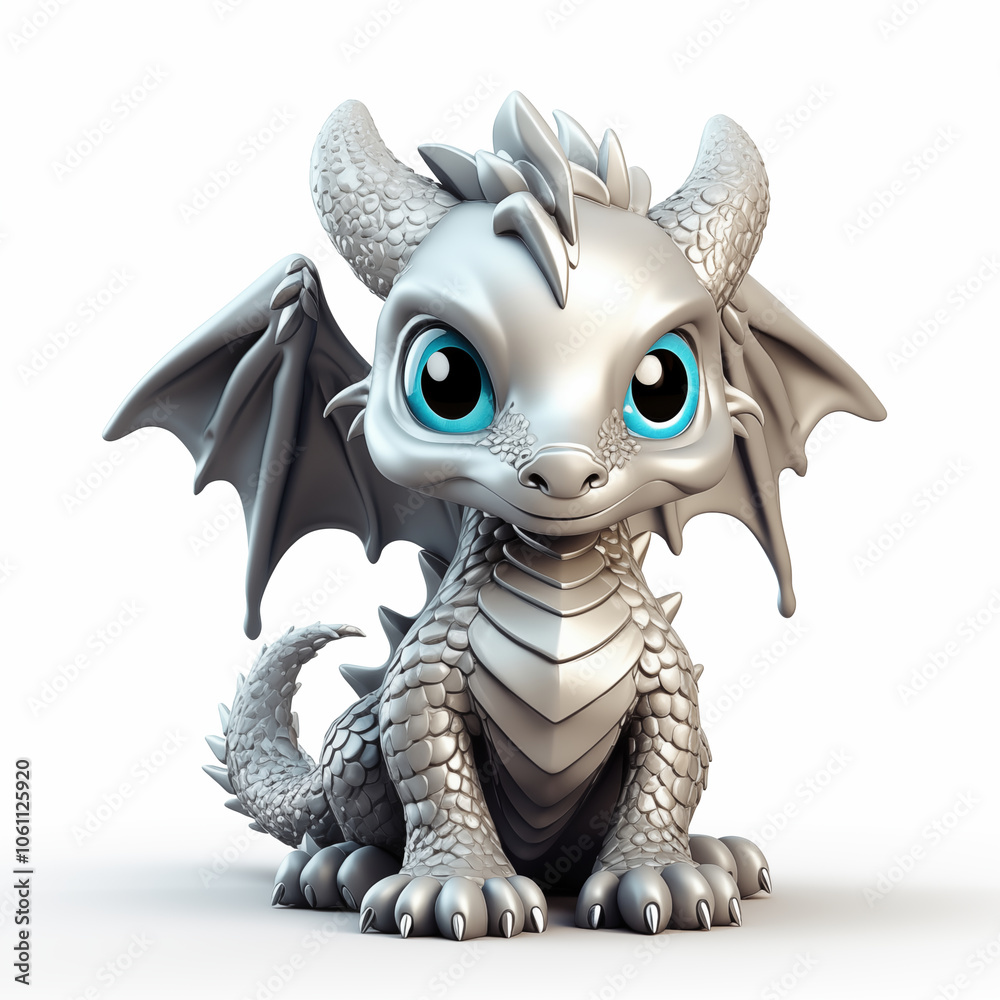 A cute silver dragon with big blue eyes poses playfully in a whimsical fantasy setting