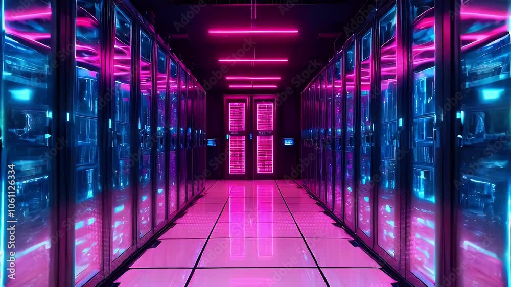 Rows of server racks with glowing pink lights in a data center. Stock ...