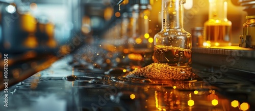 Amber Glow of Whiskey in a Glass Bottle on a Polished Dark Wooden Table with Reflections and Bokeh Lights in the Background Capturing the Sophisticated and Luxurious Ambiance of a Bartender s Craft photo