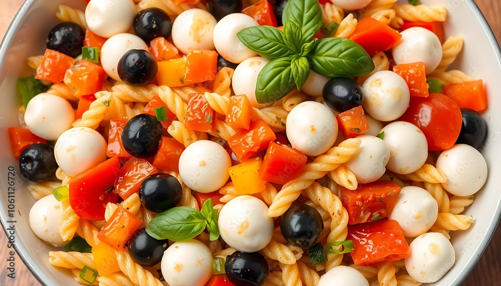A large bowl of cooked pasta tossed with diced bell peppers, cherry tomatoes, black olives, and mozzarella balls. A large bowl of cooked pasta tossed with diced bell peppers, cherry tomatoes, black olives, and mozzarella balls.