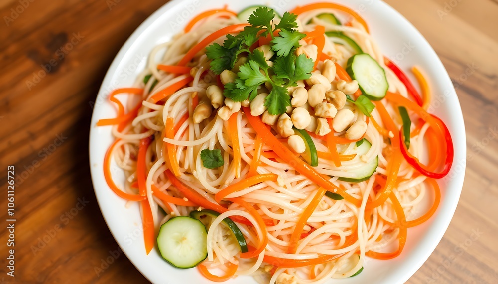 A plate filled with chilled rice noodles, mixed with shredded carrots, bell peppers, and cucumber ribbons. A plate filled with chilled rice noodles, mixed with shredded carrots, bell peppers, and cucumber ribbons.
