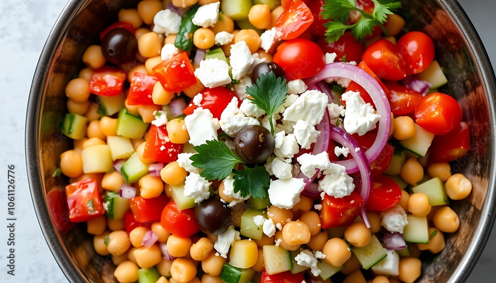 A large, shallow bowl filled with a colorful medley of plump chickpeas, diced cucumbers, cherry tomatoes, red onions, and crumbled feta cheese. A large, shallow bowl filled with a colorful medley of plump chickpeas, diced cucumbers, cherry tomatoes, red onions, and crumbled feta cheese.