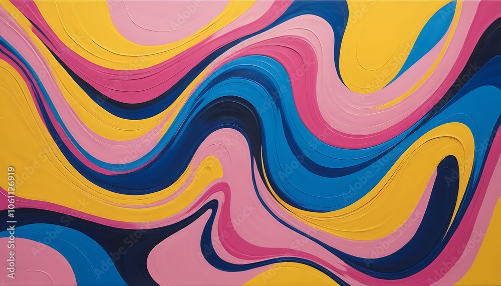 Playful, swirling shapes in vibrant colors of yellow, pink, and blue dance across the canvas. Playful, swirling shapes in vibrant colors of yellow, pink, and blue dance across the canvas.