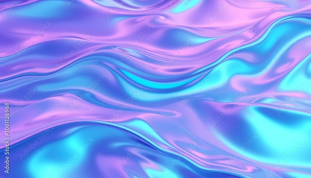 Flowing, iridescent waves shift in color from teal to violet as they ripple across the canvas. Flowing, iridescent waves shift in color from teal to violet as they ripple across the canvas.