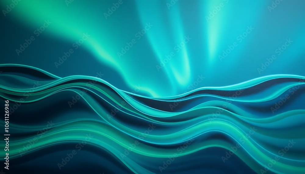 Fototapeta premium Radiant waves of color in rich greens and blues undulate across the canvas, reminiscent of the Northern Lights. 