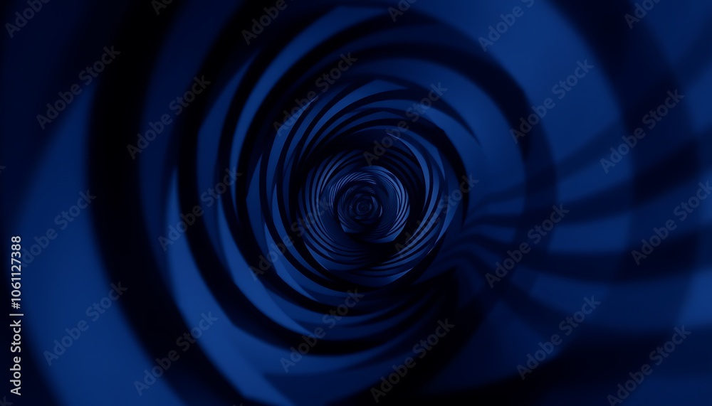 A swirling, infinite spiral draws the viewer's gaze toward the center. Bands of contrasting black, white, and deep blue form an optical illusion, evoking a sense of movement and depth. A swirling, infinite spiral draws the viewer's gaze toward the center. Bands of contrasting black, white, and deep blue form an optical illusion, evoking a sense of movement and depth.