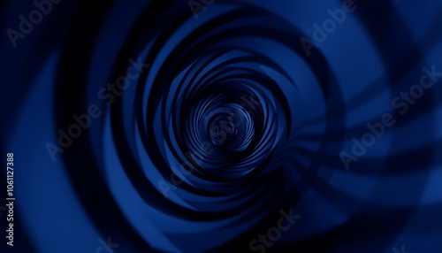 A swirling, infinite spiral draws the viewer's gaze toward the center. Bands of contrasting black, white, and deep blue form an optical illusion, evoking a sense of movement and depth.