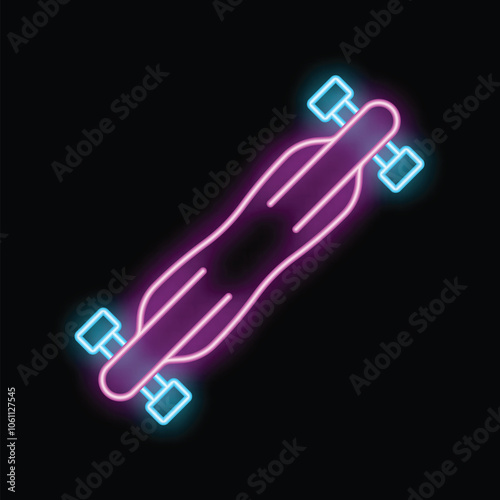 Neon longboard skateboard icon glowing in blue and violet on a black background