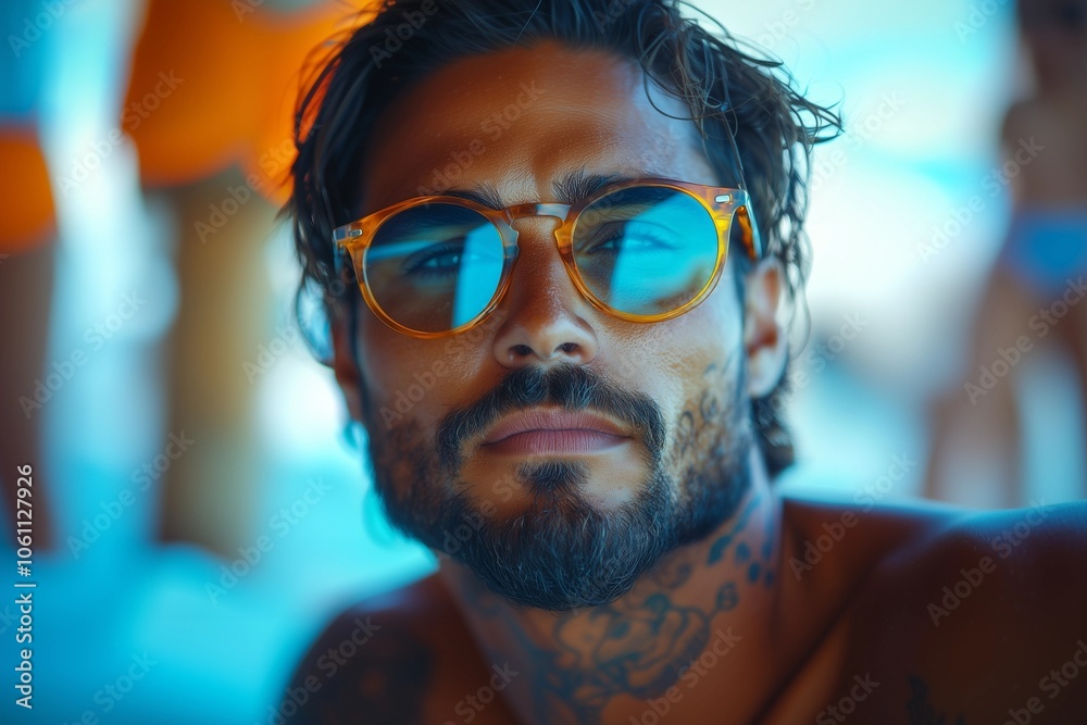 Confident Man with Orange Sunglasses in a Vibrant Beach Scene Confident Man with Orange Sunglasses in a Vibrant Beach Scene