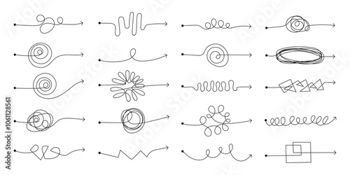 Chaotic line arrows with chaos knot, problematic mindset, ways mess scribble doodle elements set