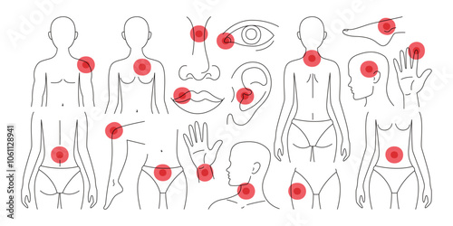 Red pints of indication of different pain location and inflammation process in human body set