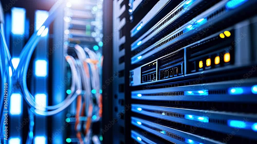 Close-up of server rack with blue lights and cables. Close-up of server rack with blue lights and cables.