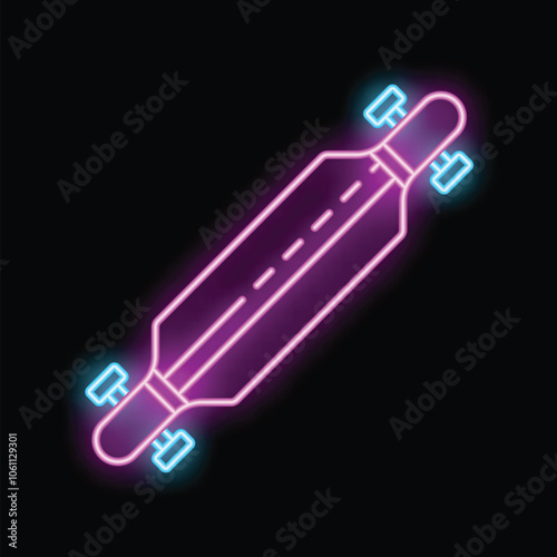 Vibrant neon longboard glowing on a black background, perfect for designs related to skateboarding, urban sports, and nightlife
