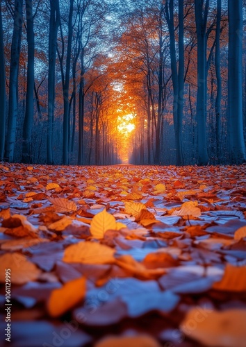 One point perspective closeup of fallen autumn leaves on the ground flanked by barren trees with a beautiful warm sunset in the distance