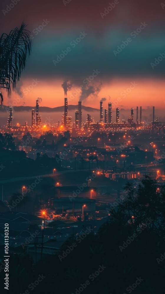 Glowing skyline of a bustling industrial metropolis at night with towering chimneys and smokestacks emitting plumes of smoke against a vibrant colorful sky Glowing skyline of a bustling industrial metropolis at night with towering chimneys and smokestacks emitting plumes of smoke against a vibrant colorful sky