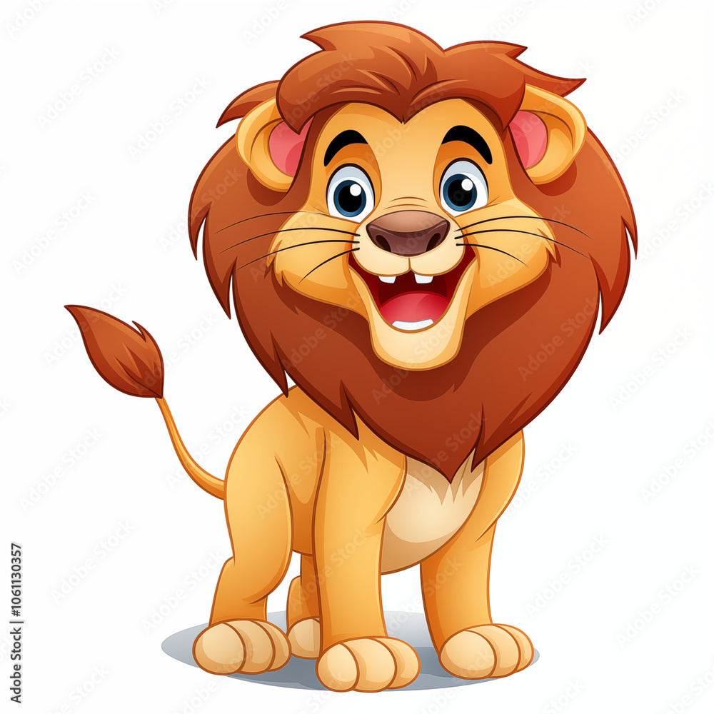 Obraz premium A joyful cartoon lion with a bright smile and fluffy mane stands confidently