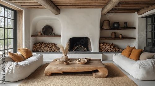 Rustic wooden coffee table nestled between two white sofas near a fireplace, enhancing warmth and comfort in a cozy living room. photo