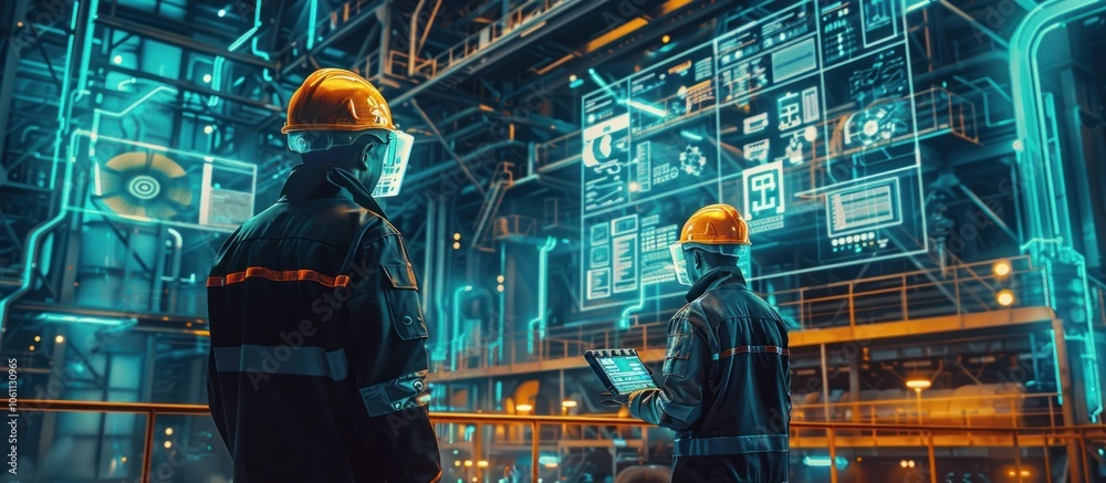 Industrial Factory Workers in Protective Uniforms Inspecting and Monitoring High Tech Control Panels Machinery and Digital Systems in a Futuristic Cyberpunk Inspired Manufacturing Facility Industrial Factory Workers in Protective Uniforms Inspecting and Monitoring High Tech Control Panels Machinery and Digital Systems in a Futuristic Cyberpunk Inspired Manufacturing Facility