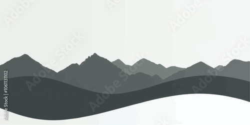 Serene Mountain Silhouette: A minimalist landscape illustration featuring a range of mountain peaks silhouetted against a soft, grey sky, evoking a sense of calm and tranquility.
