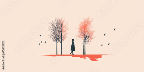 Solitude's Embrace: A minimalist illustration of a woman walking between two barren trees, their branches reaching towards a pale sky.