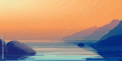 Serene Sunset Seascape: Tranquil ocean scene at sunset, featuring calm waters, dark rocks, and hazy mountains in the distance. A minimalist illustration perfect for meditation, relaxation.