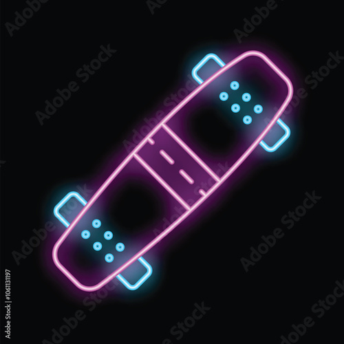 Bright, colorful neon longboard skateboard glowing on a black background