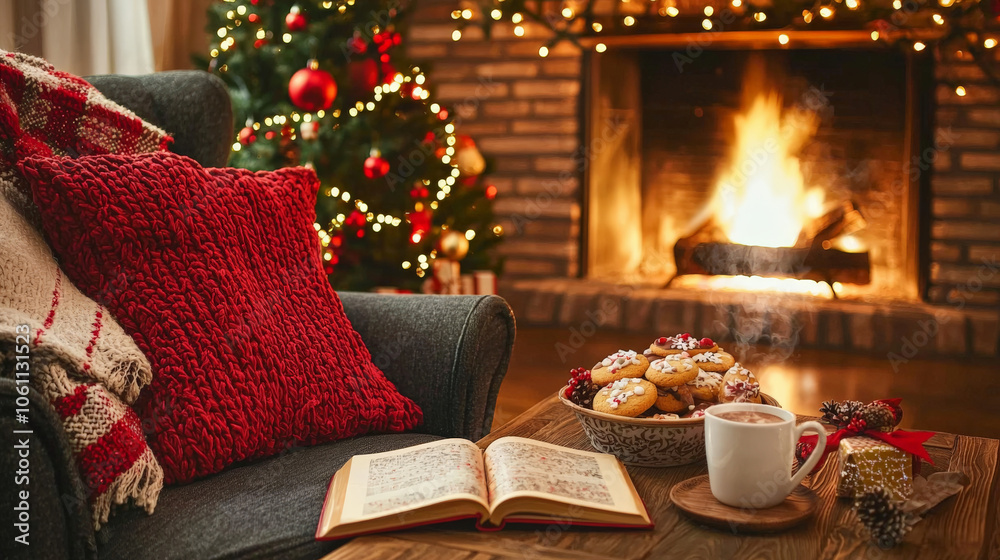 cozy corner with plush armchair, warm fireplace, and festive decorations. Enjoying book, cookies, and hot drink creates perfect holiday atmosphere