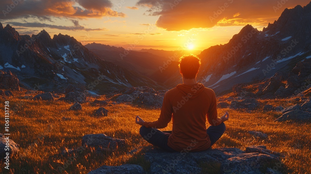 Meditation in the serene mountain sunset Meditation in the serene mountain sunset