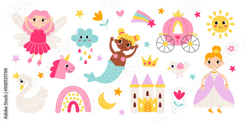 Cute fairytale princess in pretty dress, forest fairy elf with wings, underwater mermaid with tail