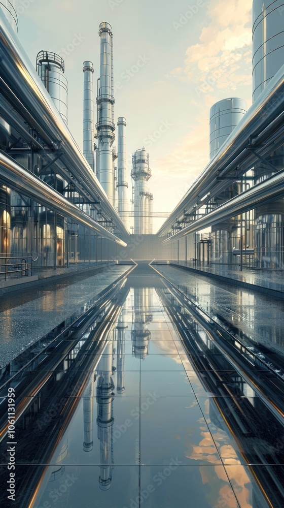 Obraz premium Futuristic industrial petrochemical refinery complex with symmetric mirrored reflection of pipelines storage tanks and architectural structures in an urban cityscape backdrop