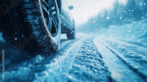 Close-up of a car tire on a snowy road photo