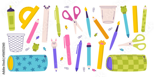 Cute cartoon school supplies, studying stationery and pencil cases childish design isolated set